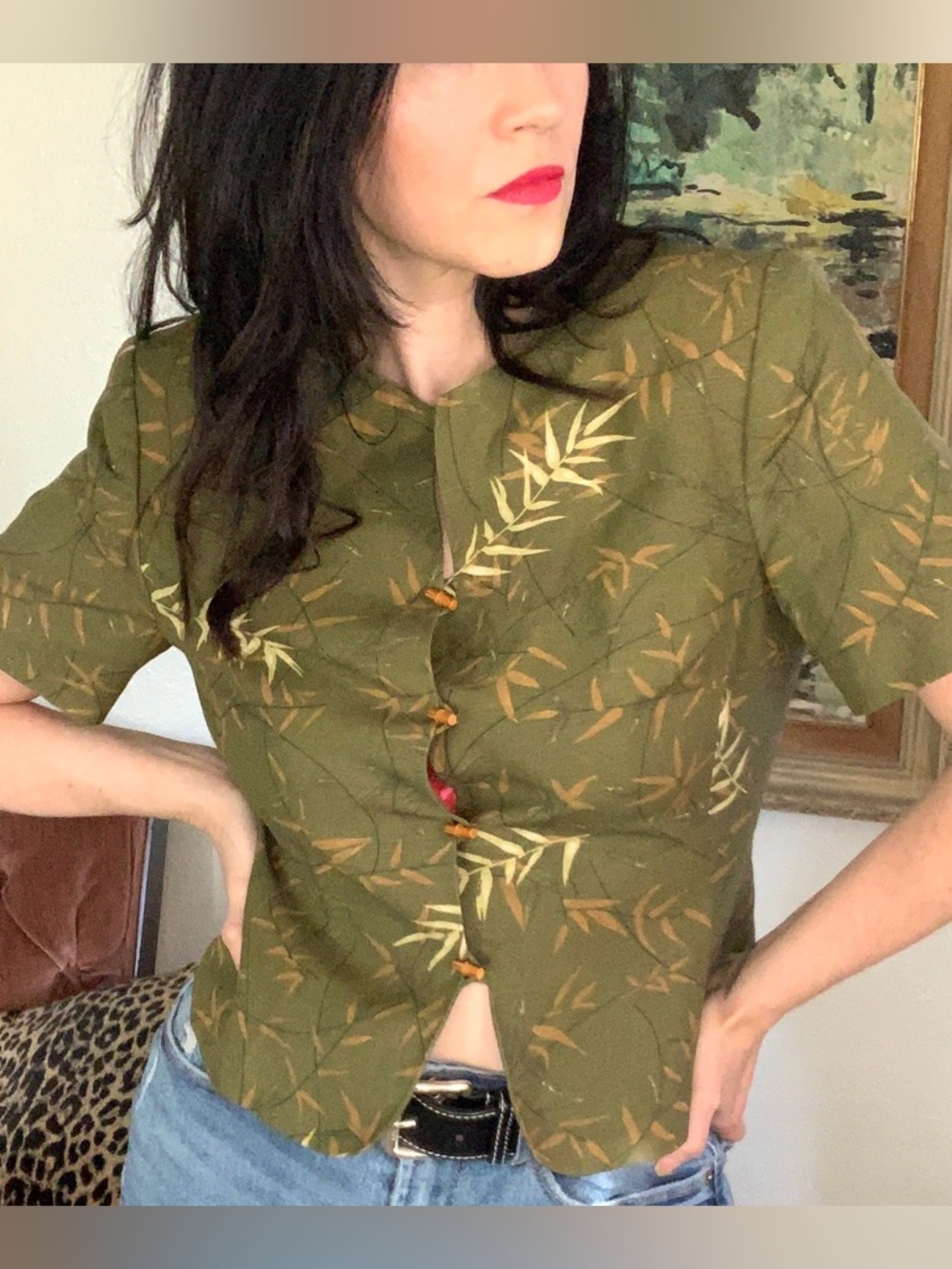 Vintage Olive Green Botanical Short-Sleeve Button Front Top
